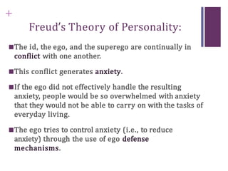 +
Freud’s Theory of Personality:
■The id, the ego, and the superego are continually in
conflict with one another.
■This conflict generates anxiety.
■If the ego did not effectively handle the resulting
anxiety, people would be so overwhelmed with anxiety
that they would not be able to carry on with the tasks of
everyday living.
■The ego tries to control anxiety (i.e., to reduce
anxiety) through the use of ego defense
mechanisms.
 