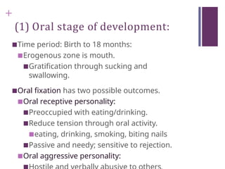 +
(1) Oral stage of development:
■Time period: Birth to 18 months:
■Erogenous zone is mouth.
■Gratification through sucking and
swallowing.
■Oral fixation has two possible outcomes.
■Oral receptive personality:
■Preoccupied with eating/drinking.
■Reduce tension through oral activity.
■eating, drinking, smoking, biting nails
■Passive and needy; sensitive to rejection.
■Oral aggressive personality:
■
 