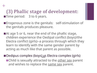+
(3) Phallic stage of development:
■Time period: 3 to 6 years.
■Erogenous zone is the genitals: self-stimulation of
the genitals produces pleasure.
■At age 5 or 6, near the end of the phallic stage,
children experience the Oedipal conflict (boys)/the
Electra conflict (girls)--a process through which they
learn to identify with the same gender parent by
acting as much like that parent as possible.
■Oedipus complex (boys) vs Electra complex (girls)
■Child is sexually attracted to the other sex parent
and wishes to replace the same sex parent.
 
