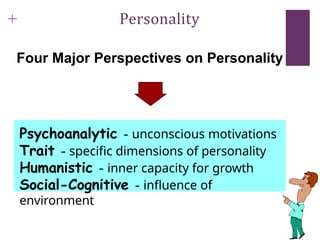 + Personality
Four Major Perspectives on Personality
Psychoanalytic - unconscious motivations
Trait - specific dimensions of personality
Humanistic - inner capacity for growth
Social-Cognitive - influence of
environment
 