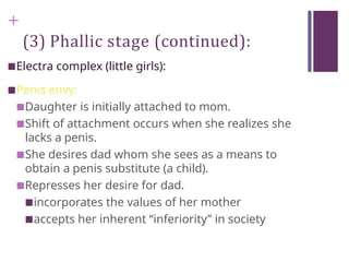 +
(3) Phallic stage (continued):
■Electra complex (little girls):
■Penis envy:
■Daughter is initially attached to mom.
■Shift of attachment occurs when she realizes she
lacks a penis.
■She desires dad whom she sees as a means to
obtain a penis substitute (a child).
■Represses her desire for dad.
■incorporates the values of her mother
■accepts her inherent “inferiority” in society
 