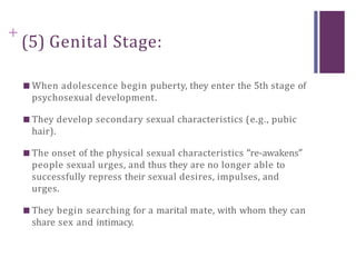 +
(5) Genital Stage:
■ When adolescence begin puberty, they enter the 5th stage of
psychosexual development.
■ They develop secondary sexual characteristics (e.g., pubic
hair).
■ The onset of the physical sexual characteristics “re-awakens”
people sexual urges, and thus they are no longer able to
successfully repress their sexual desires, impulses, and
urges.
■ They begin searching for a marital mate, with whom they can
share sex and intimacy.
 