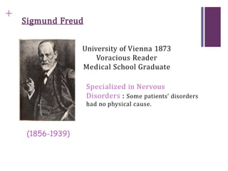 +
Sigmund Freud
University of Vienna 1873
Voracious Reader
Medical School Graduate
Specialized in Nervous
Disorders : Some patients’ disorders
had no physical cause.
(1856-1939)
 