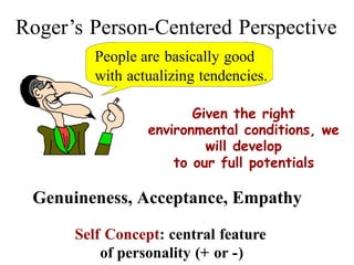 Roger’s Person-Centered Perspective
People are basically good
with actualizing tendencies.
Given the right
environmental conditions, we
will develop
to our full potentials
Genuineness, Acceptance, Empathy
Self Concept: central feature
of personality (+ or -)
 