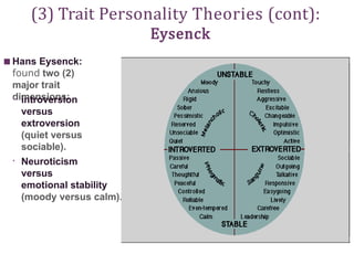 (3) Trait Personality Theories (cont):
Eysenck
■ Hans Eysenck:
found two (2)
major trait
dimensions:
•
• introversion
versus
extroversion
(quiet versus
sociable).
Neuroticism
versus
emotional stability
(moody versus calm).
 