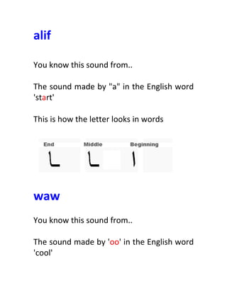 alif	
  
	
  
You	
  know	
  this	
  sound	
  from..	
  
	
  
The	
  sound	
  made	
  by	
  "a"	
  in	
  the	
  English	
  word	
  
'start'	
  
	
  
This	
  is	
  how	
  the	
  letter	
  looks	
  in	
  words	
  
	
  
	
  
	
  
waw	
  
	
  
You	
  know	
  this	
  sound	
  from..	
  
	
  
The	
  sound	
  made	
  by	
  'oo'	
  in	
  the	
  English	
  word	
  
'cool'	
  
 