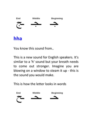  
	
  
	
  
hha	
  
	
  
You	
  know	
  this	
  sound	
  from..	
  
	
  
This	
  is	
  a	
  new	
  sound	
  for	
  English	
  speakers.	
  It's	
  
similar	
  to	
  a	
  'h'	
  sound	
  but	
  your	
  breath	
  needs	
  
to	
   come	
   out	
   stronger.	
   Imagine	
   you	
   are	
  
blowing	
  on	
  a	
  window	
  to	
  steam	
  it	
  up	
  -­‐	
  this	
  is	
  
the	
  sound	
  you	
  would	
  make.	
  
	
  
This	
  is	
  how	
  the	
  letter	
  looks	
  in	
  words	
  
	
  
	
  
 