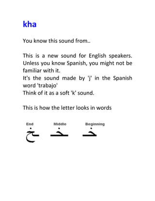 kha	
  
	
  
You	
  know	
  this	
  sound	
  from..	
  
	
  
This	
   is	
   a	
   new	
   sound	
   for	
   English	
   speakers.	
  
Unless	
  you	
  know	
  Spanish,	
  you	
  might	
  not	
  be	
  
familiar	
  with	
  it.	
  
It's	
   the	
   sound	
   made	
   by	
   'j'	
   in	
   the	
   Spanish	
  
word	
  'trabajo'	
  
Think	
  of	
  it	
  as	
  a	
  soft	
  'k'	
  sound.	
  
	
  
This	
  is	
  how	
  the	
  letter	
  looks	
  in	
  words	
  
	
  
	
  
	
  
	
  
	
  
	
  
	
  
 