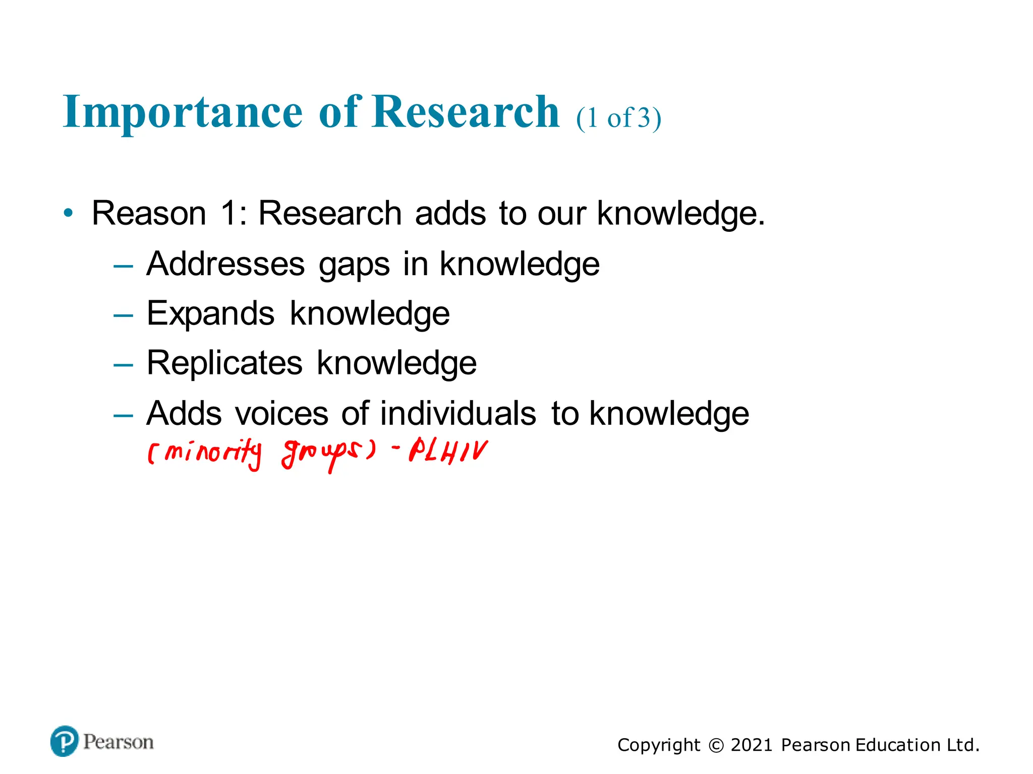 Copyright © 2021 Pearson Education Ltd.
Importance of Research (1 of 3)
• Reason 1: Research adds to our knowledge.
– Addresses gaps in knowledge
– Expands knowledge
– Replicates knowledge
– Adds voices of individuals to knowledge
 