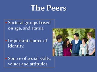  Societal groups based
on age, and status.
 Important source of
identity.
 Source of social skills,
values and attitudes.
 