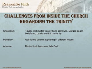 cHallenges from inside tHe cHurcHcHallenges from inside tHe cHurcH
regarding tHe trinityregarding tHe trinity
GnosticismGnosticism Taught that matter was evil and spirit was. Merged paganTaught that matter was evil and spirit was. Merged pagan
beliefs and dualism with Christianitybeliefs and dualism with Christianity
ModalismModalism God is one person appearing in different modesGod is one person appearing in different modes
ArianismArianism Denied that Jesus was fully GodDenied that Jesus was fully God
 