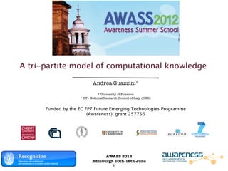 A tri-partite model of computational knowledge

                            Andrea Guazzini°

                                 * University of Florence
                    ° IIT - National Research Council of Italy (CNR)


      Funded by the EC FP7 Future Emerging Technologies Programme
                        (Awareness), grant 257756




                                 AWASS 2012
                           Edinburgh 10th-16th June
                                    1
 
