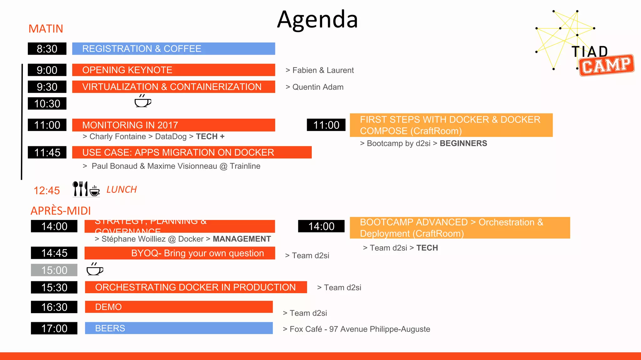 STRATEGY, PLANNING &
GOVERNANCE
BOOTCAMP ADVANCED > Orchestration &
Deployment (CraftRoom)
> Team d2si > TECH
DEMO
> Team d2si
16:30
15:30 ORCHESTRATING DOCKER IN PRODUCTION
> Team d2si
15:00
9:00 OPENING KEYNOTE > Fabien & Laurent
9:30 VIRTUALIZATION & CONTAINERIZATION > Quentin Adam
12:45
10:30
MONITORING IN 2017
11:45 USE CASE: APPS MIGRATION ON DOCKER
> Paul Bonaud & Maxime Visionneau @ Trainline
11:00
FIRST STEPS WITH DOCKER & DOCKER
COMPOSE (CraftRoom)
11:00
> Charly Fontaine > DataDog > TECH +
> Bootcamp by d2si > BEGINNERS
14:00
8:30 REGISTRATION & COFFEE
> Stéphane Woilliez @ Docker > MANAGEMENT
17:00 BEERS
14:00
> Fox Café - 97 Avenue Philippe-Auguste
14:45 BYOQ- Bring your own question > Team d2si