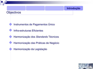 Introdução
Objectivos


    Instrumentos de Pagamentos Único

    Infra-estruturas Eficientes

    Harmonização dos Standards Técnicos

    Harmonização das Práticas de Negócio

    Harmonização da Legislação
 