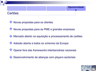 Oportunidade
                                                    s
Cartões

   Novas propostas para os clientes

   Novas propostas para as PME e grandes empresas

   Mercado aberto na aquisição e processamento de cartões

   Adesão aberta a todos os schemes da Europa

   Operar fora das frameworks interbancárias nacionais

   Desenvolvimento de alianças com players sectoriais
 