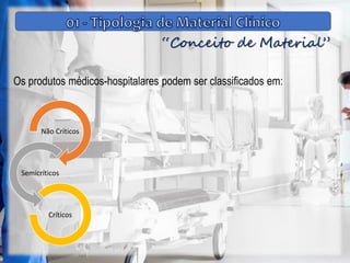 “Conceito de Material”
Os produtos médicos-hospitalares podem ser classificados em:
Não Críticos
Semicríticos
Críticos
 