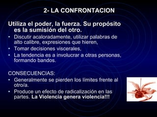 2- LA CONFRONTACION Utiliza el poder, la fuerza. Su propósito es la sumisión del otro. Discutir acaloradamente, utilizar palabras de alto calibre, expresiones que hieren,  Tomar decisiones viscerales,  La tendencia es a involucrar a otras personas, formando bandos.  CONSECUENCIAS:  Generalmente se pierden los límites frente al otro/a.  Produce un efecto de radicalización en las partes.  La Violencia genera violencia!!! 