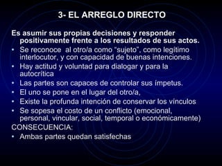 3- EL ARREGLO DIRECTO Es asumir sus propias decisiones y responder positivamente frente a los resultados de sus actos.  Se reconoce  al otro/a como “sujeto”, como legítimo interlocutor, y con capacidad de buenas intenciones. Hay actitud y voluntad para dialogar y para la autocrítica Las partes son capaces de controlar sus ímpetus. El uno se pone en el lugar del otro/a,  Existe la profunda intención de conservar los vínculos  Se sopesa el costo de un conflicto (emocional, personal, vincular, social, temporal o económicamente)  CONSECUENCIA:  Ambas partes quedan satisfechas 
