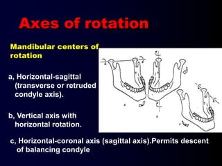 Axes of rotation
c, Horizontal-coronal axis (sagittal axis).Permits descent
of balancing condyle
Mandibular centers of
rotation
a, Horizontal-sagittal
(transverse or retruded
condyle axis).
b, Vertical axis with
horizontal rotation.
 