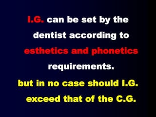 I.G. can be set by the
dentist according to
esthetics and phonetics
requirements.
but in no case should I.G.
exceed that of the C.G.
 