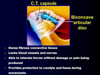 Biconcave
articular
disc
C.T. capsule
 Dense fibrous connective tissue
 Lacks blood vessels and nerves
 Able to tolerate forces without damage or pain being
produced
 Provides protection to condyle and fossa during
movements
 
