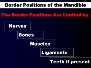 Teeth if present
The Border Positions Are Limited by
Ligaments
Muscles
Bones
Nerves
Border Positions of the Mandible
 