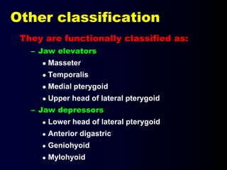 Other classification
They are functionally classified as:
– Jaw elevators
 Masseter
 Temporalis
 Medial pterygoid
 Upper head of lateral pterygoid
– Jaw depressors
 Lower head of lateral pterygoid
 Anterior digastric
 Geniohyoid
 Mylohyoid
 