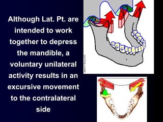 Although Lat. Pt. are
intended to work
together to depress
the mandible, a
voluntary unilateral
activity results in an
excursive movement
to the contralateral
side
 