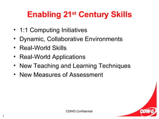 Enabling 21 st  Century Skills 1:1 Computing Initiatives Dynamic, Collaborative Environments Real-World Skills Real-World Applications New Teaching and Learning Techniques New Measures of Assessment 