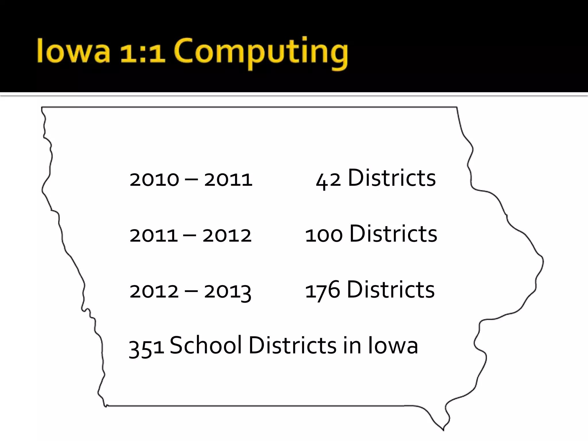 2010 – 2011

42 Districts

2011 – 2012

100 Districts

2012 – 2013

176 Districts

351 School Districts in Iowa

 