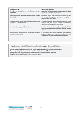 Projects VT/AT                                               «Mοντέλο» Perkins
      Εστιάζουν σε συγκεκριµένες περιοχές ενδιαφέροντος σε ένα   Εστιάζει σε όλο το έργο τέχνης (4η φάση), αλλά και σε όλα
      έργο τέχνης.                                               τα ειδικά του µέρη (1η, 2η, 3η, φάση)

      Αποτελούνται από αυτόνοµες εκπαιδευτικές τεχνικές          Οι τέσσερις φάσεις είναι εξαρτηµένες η µια από την άλλη
      (ρουτίνες).                                                και για µια ολοκληρωµένη προσέγγιση θα πρέπει να
                                                                 προσεγγίζονται µε τη σειρά.

      Εντάσσονται στο πλαίσιο µιας ευρύτερης εκπαιδευτικής       Η ανάλυση του έργου τέχνης µε βάση το µοντέλο Perkins,
      µεθόδου: π.χ.µέθοδος project.                              αποτελεί από µόνη της µια ολοκληρωµένη διδακτική
                                                                 προσέγγιση µε διαθεµατικές συσχετίσεις.

      Αποτελούν έναυσµα για βαθύτερη έρευνα.                     Η ανάλυση του έργου τέχνης µε βάση το µοντέλο Perkins,
                                                                 αποτελεί µια ολοκληρωµένη διεργασία µε στόχο τη βαθιά
                                                                 κατανόηση.

      Είναι ευέλικτες, εντάσσονται σε οποιαδήποτε φάση του       Η ανάλυση του έργου τέχνης µε βάση το µοντέλο Perkins,
      εκπαιδευτικού σεναρίου                                     µπορεί να διαρκέσει πάνω από 1 διδακτική ώρα, για το λόγο
                                                                 αυτό αποτελεί από µόνη της ένα εκπαιδευτικό σενάριο.




       • Οµοιότητες των Project VT/AT, από το µοντέλο ανάλυσης έργου τέχνης του D. Perkins

      Οι δύο προσεγγίσεις αντλούν από τους ίδιους θεωρητικούς άξονες (Dewey, Goodman κτλ).
      Ενδιαφέρονται για τη δυναµική παρουσία των τεχνών στην εκπαίδευση.
      Θεωρούν ότι οι τέχνες συµβάλλουν στη στοχαστική ενεργοποίηση των µαθητών.
      Στηρίζονται σε παραδείγµατα από τη διδακτική πράξη.




                EΠΙΧΕΙΡΗΣΙΑΚΟ ΠΡΟΓΡΑΜΜΑ
                ΕΚΠΑΙΔΕΥΣΗ ΚΑΙ ΔΙΑ ΒΙΟΥ ΜΑΘΗΣΗ
                                                               70
ΥΠΟΥΡΓΕΙΟ ΠΑΙΔΕΙΑΣ, ΔΙΑ ΒΙΟΥ ΜΑΘΗΣΗΣ ΚΑΙ ΘΡΗΣΚΕΥΜΑΤΩΝ
ΕΙΔΙΚΗ        ΥΠΗΡΕΣΙΑ             ΔΙΑΧΕΙΡΙΣΗΣ
Mε τη συγχρηματοδότηση της Ελλάδας και της Ευρωπαϊκής Ένωσης




            επένδυση στην κοινωνία της γνώσης
 