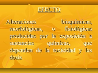 EFECTO

Alteraciones        bioquímicas,
 morfológicas,   o   fisiológicas
 producidas por la exposición a
 sustancias    químicas,     que
 dependen de la toxicidad y las
 dosis
 