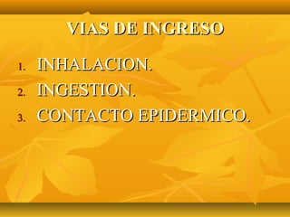 VIAS DE INGRESO

1.   INHALACION.
2.   INGESTION.
3.   CONTACTO EPIDERMICO.
 