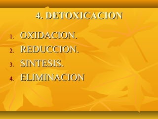 4. DETOXICACION

1.   OXIDACION.
2.   REDUCCION.
3.   SINTESIS.
4.   ELIMINACION
 
