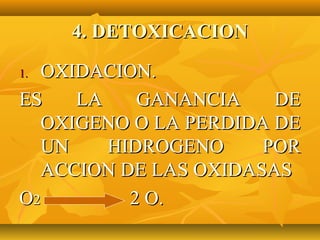 4. DETOXICACION

1. OXIDACION.
ES    LA    GANANCIA    DE
   OXIGENO O LA PERDIDA DE
   UN    HIDROGENO     POR
   ACCION DE LAS OXIDASAS
O2         2 O.
 