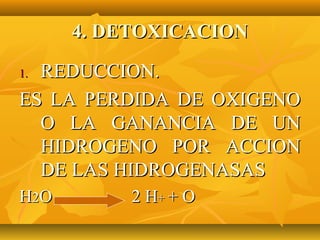 4. DETOXICACION

1.REDUCCION.
ES LA PERDIDA DE OXIGENO
  O LA GANANCIA DE UN
  HIDROGENO POR ACCION
  DE LAS HIDROGENASAS
H2O        2 H+ + O
 