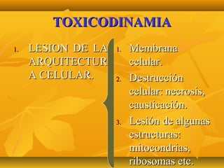 TOXICODINAMIA
1.   LESION DE LA   1.   Membrana
     ARQUITECTUR         celular.
     A CELULAR.     2.   Destrucción
                         celular: necrosis,
                         causticación.
                    3.   Lesión de algunas
                         estructuras:
                         mitocondrias,
                         ribosomas etc.
 