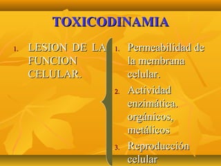 TOXICODINAMIA
1.   LESION DE LA   1.   Permeabilidad de
     FUNCION             la membrana
     CELULAR.            celular.
                    2.   Actividad
                         enzimática.
                         orgánicos,
                         metálicos
                    3.   Reproducción
                         celular
 