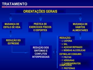 TRATAMENTO REDUÇÃO DOS SINTOMAS E CONFLITOS INTERPESSOAIS MUDANÇA DE ESTILO DE VIDA PRÁTICA DE EXERCÍCIOS FÍSICOS E ESPORTES MUDANÇA DE HÁBITOS ALIMENTARES ORIENTAÇÕES GERAIS REDUÇÃO:    CAFEÍNA    SAL    AÇÚCAR REFINADO    BEBIDAS ALCOÓLICAS  ESTIMULAR CONSUMO:    FRUTAS    VERDURAS    CARBOHIDRATOS COMPLEXOS    PROTEÍNAS REDUÇÃO DO ESTRESSE 