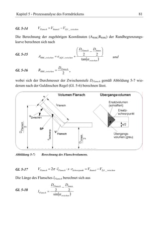 Kapitel 5 - Prozessanalyse des Formdrückens                                                81


Gl. 5-14         VFlansch    VBauteil VZyl . _ zwischen

Die Berechnung der zugehörigen Koordinaten (ARBK;RRBK) der Randbegrenzungs-
kurve berechnen sich nach
                                                          DFlansch DInnen
Gl. 5-15                                                    2         2
                 ARBK , zwischen   eAQU , zwischen                                   und
                                                           tan zwischen

                                    DFlansch
Gl. 5-16         RRBK , zwischen             ,
                                      2
wobei sich der Durchmesser der Zwischenstufe DFlansch gemäß Abbildung 5-7 wie-
derum nach der Guldinschen Regel (Gl. 5-6) berechnen lässt.




Abbildung 5-7:      Berechnung des Flanschvolumens.



Gl. 5-17         VFlansch    2     lFlansch s rSchwerpunkt     VBauteil VZyl. _ zwischen

Die Länge des Flansches lFlansch berechnet sich aus
                             DFlansch DInnen
Gl. 5-18         lFlansch      2         2
                              sin zwischen
 