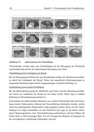 86                                      Kapitel 5 - Prozessanalyse des Formdrückens




Abbildung 5-9:   Auftretensformen der Faltenbildung.

Unterschieden werden kann eine Faltenbildung bei der Bewegung der Drückrolle
zum Rondenrand und bei der rückwärtigen Bewegung zum Futter.
Faltenbildung beim Umklappen der Ronde
Bei der Bewegung der Drückrolle zum Rondenrand erfolgt eine Durchmesserredukti-
on durch das Umklappen der Ronde. Neben den tangentialen Druckspannungen in
tangentialer Richtung liegen hierbei Zugspannungen in radialer Richtung vor.
Faltenbildung beim axialen Nachführen
Bei der Rückwärtsbewegung der Drückrolle zum Futter wird die Durchmesserreduk-
tion durch ein Andrücken der Ronde an das Futter erzielt. Dabei liegt in radialer
Richtung ein Druckspannungszustand vor.
Insbesondere bei dünnwandigen Bauteilen aus weichen Werkstoffen kann die Entste-
hung leichter Faltenansätze während der Prozessführung beobachtet werden, welche
durch die nachfolgenden Drückstufen wieder geglättet werden. Diese Art der Falten-
bildung ist so lange unschädlich, wie das Material in der Lage ist, die damit verbun-
denen Spannungsspitzen einer Wechselbelastung aufzunehmen und das Glätten der
Falten nicht zu Überwalzungen führt. Für ein Versagen des Bauteils ist hingegen nur
die im Endbauteil verbleibende Faltenstärke relevant.
 