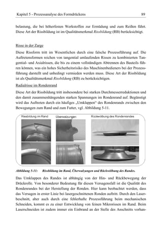 Kapitel 5 - Prozessanalyse des Formdrückens                                        89


belastung, die bei höherfesten Werkstoffen zur Ermüdung und zum Reißen führt.
Diese Art der Rissbildung ist im Qualitätsmerkmal Rissbildung (RB) berücksichtigt.


Risse in der Zarge
Diese Rissform tritt im Wesentlichen durch eine falsche Prozessführung auf. Die
Auftretensformen reichen von tangential umlaufenden Rissen zu kombinierten Tan-
gential- und Axialrissen, die bis zu einem vollständigen Abtrennen des Bauteils füh-
ren können, was ein hohes Sicherheitsrisiko des Maschinenbedieners bei der Prozess-
führung darstellt und unbedingt vermieden werden muss. Diese Art der Rissbildung
ist als Qualitätsmerkmal Rissbildung (RB) zu berücksichtigen.
Radialrisse im Rondenrand
Diese Art der Rissbildung tritt insbesondere bei starken Durchmesserreduktionen und
den damit zusammenhängenden starken Spannungen im Rondenrand auf. Begünstigt
wird das Auftreten durch ein häufiges „Umklappen“ des Rondenrands zwischen den
Bewegungen zum Rand und zum Futter, vgl. Abbildung 5-11.




Abbildung 5-11:   Rissbildung im Rand, Überwalzungen und Rückwölbung des Randes.

Das Umklappen des Randes ist abhängig von der Hin- und Rückbewegung der
Drückrolle. Von besonderer Bedeutung für diesen Versagensfall ist die Qualität des
Rondenrandes bei der Herstellung der Ronden. Hier kann beobachtet werden, dass
das Versagen in erster Linie bei lasergeschnittenen Ronden auftritt. Durch den Laser-
beschnitt, aber auch durch eine fehlerhafte Prozessführung beim mechanischen
Schneiden, kommt es zu einer Entwicklung von feinen Mikrorissen im Rand. Beim
Laserschneiden ist zudem immer ein Einbrand an der Stelle des Anschnitts vorhan-
 