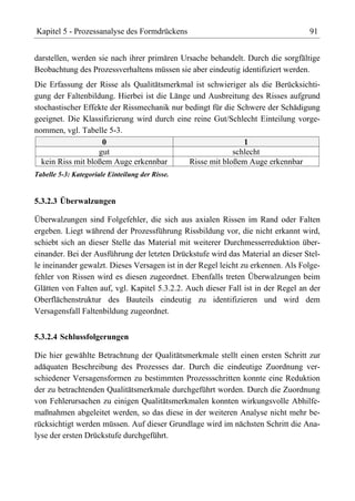 Kapitel 5 - Prozessanalyse des Formdrückens                                       91


darstellen, werden sie nach ihrer primären Ursache behandelt. Durch die sorgfältige
Beobachtung des Prozessverhaltens müssen sie aber eindeutig identifiziert werden.
Die Erfassung der Risse als Qualitätsmerkmal ist schwieriger als die Berücksichti-
gung der Faltenbildung. Hierbei ist die Länge und Ausbreitung des Risses aufgrund
stochastischer Effekte der Rissmechanik nur bedingt für die Schwere der Schädigung
geeignet. Die Klassifizierung wird durch eine reine Gut/Schlecht Einteilung vorge-
nommen, vgl. Tabelle 5-3.
                    0                                         1
                   gut                                    schlecht
  kein Riss mit bloßem Auge erkennbar        Risse mit bloßem Auge erkennbar
Tabelle 5-3: Kategoriale Einteilung der Risse.


5.3.2.3 Überwalzungen

Überwalzungen sind Folgefehler, die sich aus axialen Rissen im Rand oder Falten
ergeben. Liegt während der Prozessführung Rissbildung vor, die nicht erkannt wird,
schiebt sich an dieser Stelle das Material mit weiterer Durchmesserreduktion über-
einander. Bei der Ausführung der letzten Drückstufe wird das Material an dieser Stel-
le ineinander gewalzt. Dieses Versagen ist in der Regel leicht zu erkennen. Als Folge-
fehler von Rissen wird es diesen zugeordnet. Ebenfalls treten Überwalzungen beim
Glätten von Falten auf, vgl. Kapitel 5.3.2.2. Auch dieser Fall ist in der Regel an der
Oberflächenstruktur des Bauteils eindeutig zu identifizieren und wird dem
Versagensfall Faltenbildung zugeordnet.


5.3.2.4 Schlussfolgerungen

Die hier gewählte Betrachtung der Qualitätsmerkmale stellt einen ersten Schritt zur
adäquaten Beschreibung des Prozesses dar. Durch die eindeutige Zuordnung ver-
schiedener Versagensformen zu bestimmten Prozessschritten konnte eine Reduktion
der zu betrachtenden Qualitätsmerkmale durchgeführt worden. Durch die Zuordnung
von Fehlerursachen zu einigen Qualitätsmerkmalen konnten wirkungsvolle Abhilfe-
maßnahmen abgeleitet werden, so das diese in der weiteren Analyse nicht mehr be-
rücksichtigt werden müssen. Auf dieser Grundlage wird im nächsten Schritt die Ana-
lyse der ersten Drückstufe durchgeführt.
 