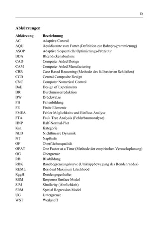IX



Abkürzungen
Abkürzung     Bezeichnung
AC            Adaptive Control
AQU           Äquidistante zum Futter (Definition zur Bahnprogrammierung)
ASOP          Adaptive Sequentielle Optimierungs-Prozedur
BDA           Blechdickenabnahme
CAD           Computer Aided Design
CAM           Computer Aided Manufacturing
CBR           Case Based Reasoning (Methode des fallbasierten Schließen)
CCD           Central Composite Design
CNC           Computer Numerical Control
DoE           Design of Experiments
DR            Durchmesserreduktion
DW            Drückwalze
FB            Faltenbildung
FE            Finite Elemente
FMEA          Fehler Möglichkeits und Einfluss Analyse
FTA           Fault Tree Analysis (Fehlerbaumanalyse)
HNP           Half-Normal-Plot
Kat.          Kategorie
NLD           Nichtlineare Dynamik
NT            Napftiefe
OF            Oberflächenqualität
OFAT          One Factor at a Time (Methode der empirischen Versuchsplanung)
OG            Obergrenze
RB            Rissbildung
RBK           Randbegrenzungskurve (Umklappbewegung des Rondenrandes)
REML          Residual Maximum Likelihood
RggH          Rondengegenhalter
RSM           Response Surface Model
SIM           Similarity (Ähnlichkeit)
SRM           Spatial Regression Model
UG            Untergrenze
WST           Werkstoff
 