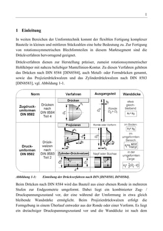1



1 Einleitung

In weiten Bereichen der Umformtechnik kommt der flexiblen Fertigung komplexer
Bauteile in kleinen und mittleren Stückzahlen eine hohe Bedeutung zu. Zur Fertigung
von rotationssymmetrischen Blechformteilen in diesem Marktsegment sind die
Drückverfahren hervorragend geeignet.
Drückverfahren dienen zur Herstellung präziser, zumeist rotationssymmetrischer
Hohlkörper mit nahezu beliebiger Mantellinien-Kontur. Zu diesen Verfahren gehören
das Drücken nach DIN 8584 [DIN8584], auch Metall- oder Formdrücken genannt,
sowie das Projizierdrückwalzen und das Zylinderdrückwalzen nach DIN 8583
[DIN8583], vgl. Abbildung 1-1.




Abbildung 1-1:   Einteilung der Drückverfahren nach DIN [DIN8583, DIN8584].

Beim Drücken nach DIN 8584 wird das Bauteil aus einer ebenen Ronde in mehreren
Stufen zur Endgeometrie umgeformt. Dabei liegt ein kombinierter Zug- /
Druckspannungszustand vor, der eine während der Umformung in etwa gleich
bleibende Wandstärke ermöglicht. Beim Projizierdrückwalzen erfolgt die
Formgebung in einem Überlauf entweder aus der Ronde oder einer Vorform. Es liegt
ein dreiachsiger Druckspannungszustand vor und die Wanddicke ist nach dem
 