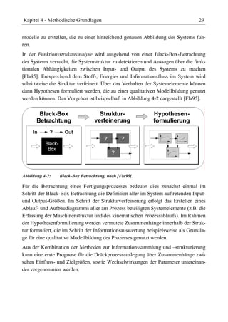 Kapitel 4 - Methodische Grundlagen                                               29


modelle zu erstellen, die zu einer hinreichend genauen Abbildung des Systems füh-
ren.
In der Funktionsstrukturanalyse wird ausgehend von einer Black-Box-Betrachtung
des Systems versucht, die Systemstruktur zu detektieren und Aussagen über die funk-
tionalen Abhängigkeiten zwischen Input- und Output des Systems zu machen
[Fla95]. Entsprechend dem Stoff-, Energie- und Informationsfluss im System wird
schrittweise die Struktur verfeinert. Über das Verhalten der Systemelemente können
dann Hypothesen formuliert werden, die zu einer qualitativen Modellbildung genutzt
werden können. Das Vorgehen ist beispielhaft in Abbildung 4-2 dargestellt [Fla95].




Abbildung 4-2:   Black-Box Betrachtung, nach [Fla95].

Für die Betrachtung eines Fertigungsprozesses bedeutet dies zunächst einmal im
Schritt der Black-Box Betrachtung die Definition aller im System auftretenden Input-
und Output-Größen. Im Schritt der Strukturverfeinerung erfolgt das Erstellen eines
Ablauf- und Aufbaudiagramms aller am Prozess beteiligten Systemelemente (z.B. die
Erfassung der Maschinenstruktur und des kinematischen Prozessablaufs). Im Rahmen
der Hypothesenformulierung werden vermutete Zusammenhänge innerhalb der Struk-
tur formuliert, die im Schritt der Informationsauswertung beispielsweise als Grundla-
ge für eine qualitative Modellbildung des Prozesses genutzt werden.
Aus der Kombination der Methoden zur Informationssammlung und –strukturierung
kann eine erste Prognose für die Drückprozessauslegung über Zusammenhänge zwi-
schen Einfluss- und Zielgrößen, sowie Wechselwirkungen der Parameter untereinan-
der vorgenommen werden.
 