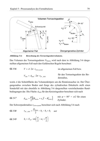 Kapitel 5 - Prozessanalyse des Formdrückens                                                            79




Abbildung 5-6:        Berechnung des Torrusringsektorvolumens.

Das Volumen des Torrusringsektors VRadius wird nach dem in Abbildung 5-6 darge-
stellten allgemeinen Fall nach den Guldinschen Regeln berechnet:

Gl. 5-6          V      A 2        rSchwerpunkt                           im allgemeinen Fall bzw.

                                                                          für den Torrusringsektor des Bo-
                 VTRS        AKRS 2       rSP _ KRS
                                                                          denradius,
worin A die Schnittfläche des Volumenkörpers um die Rotationsachse ist. Der Über-
gangsradius zwischen Boden und Zarge des zylindrischen Drückteils stellt einen
Sonderfall mit den ebenfalls in Abbildung 5-6 dargestellten vereinfachenden Rand-
bedingungen dar. Die Fläche AKRS für den Kreisringsektor berechnet sich nach

                                                  2         2             mit = 90° = /2 für einen
Gl. 5-7          AKRS            RBoden     s0             RBoden
                             2                                            Zylinder.

Der Schwerpunktradius rSchwerpunkt berechnet sich nach Abbildung 5-6 nach
                                 DInnen
Gl. 5-8          rSP _ KRS                 h2         h3     h1     mit
                                   2

Gl. 5-9          h1     X SP sin              1
                                      2               2
 