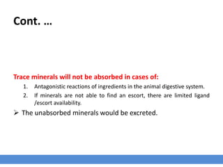 Cont. …
Trace minerals will not be absorbed in cases of:
1. Antagonistic reactions of ingredients in the animal digestive system.
2. If minerals are not able to find an escort, there are limited ligand
/escort availability.
 The unabsorbed minerals would be excreted.
 