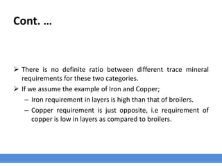 Cont. …
 There is no definite ratio between different trace mineral
requirements for these two categories.
 If we assume the example of Iron and Copper;
– Iron requirement in layers is high than that of broilers.
– Copper requirement is just opposite, i.e requirement of
copper is low in layers as compared to broilers.
 
