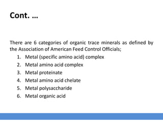 Cont. …
There are 6 categories of organic trace minerals as defined by
the Association of American Feed Control Officials;
1. Metal (specific amino acid) complex
2. Metal amino acid complex
3. Metal proteinate
4. Metal amino acid chelate
5. Metal polysaccharide
6. Metal organic acid
 